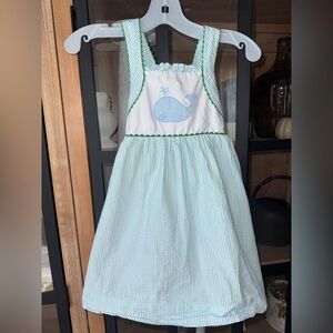 Little English Whale embroidered seersucker dress toddler girl appliqué overalls